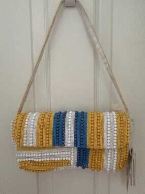 Beaded Blue White Yellow Striped Bag Handcrafted in India RARE New Release NWT